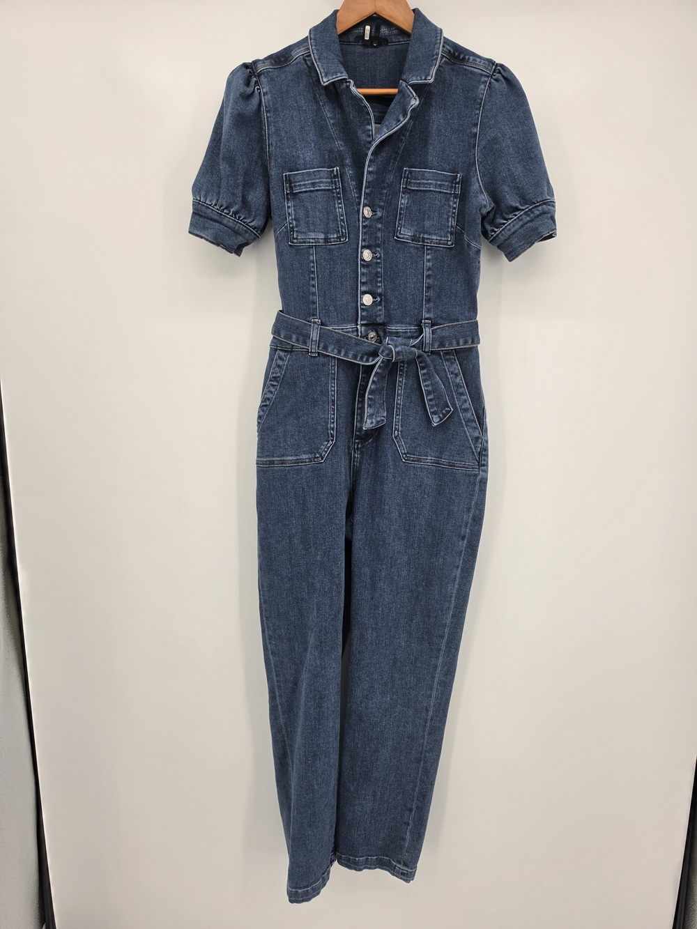 PAIGE Dark Blue Denim Short-Sleeve Jumpsuit with Tie Belt Size 4